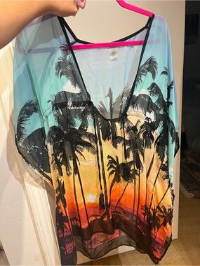 Bleu Rod Beattie Sunset Palm Sheer Swim Coverup - Aqua, Orange, Black